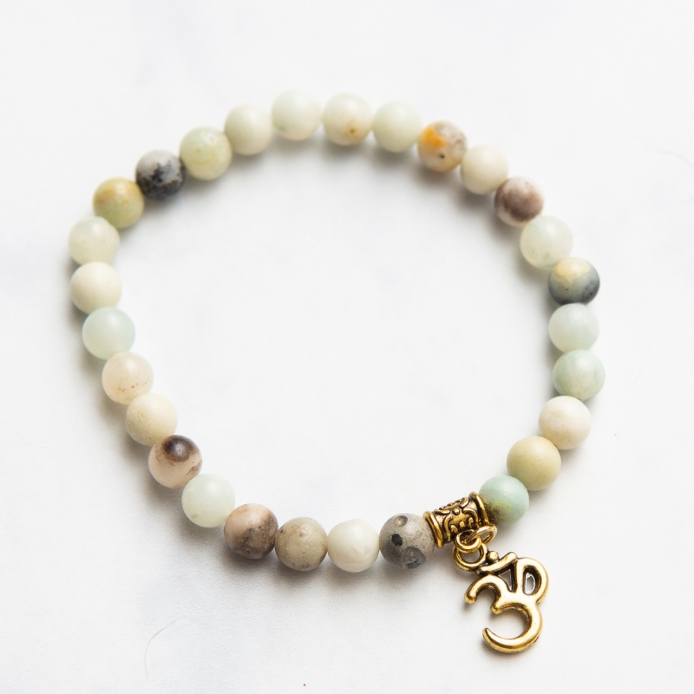 Handmade Blue Amazonite Bracelet w/ Gold Om Charm